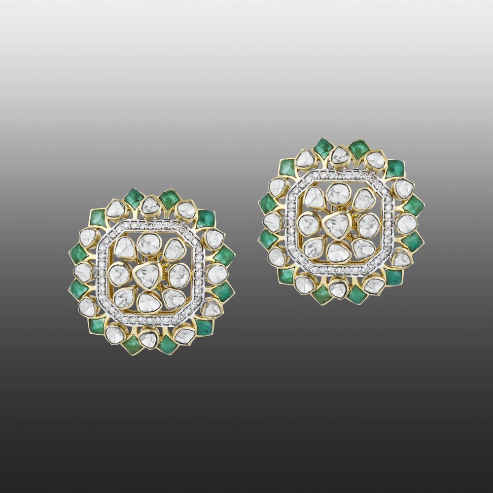Round Polki Earrings with Green Talaf and Diamond Border